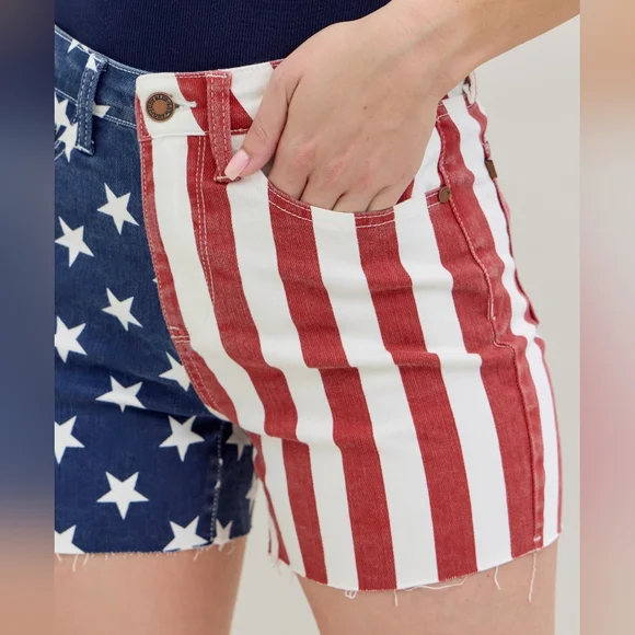 Judy Blue High-Rise Stars Stripes Jean USA American Flag Raw Hem Denim Shorts
